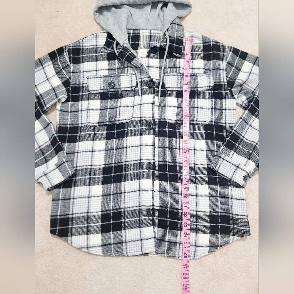 Women’s Plaid Hooded Shacket Jacket Button Up Gray Black Size Medium - Picture 8 of 11